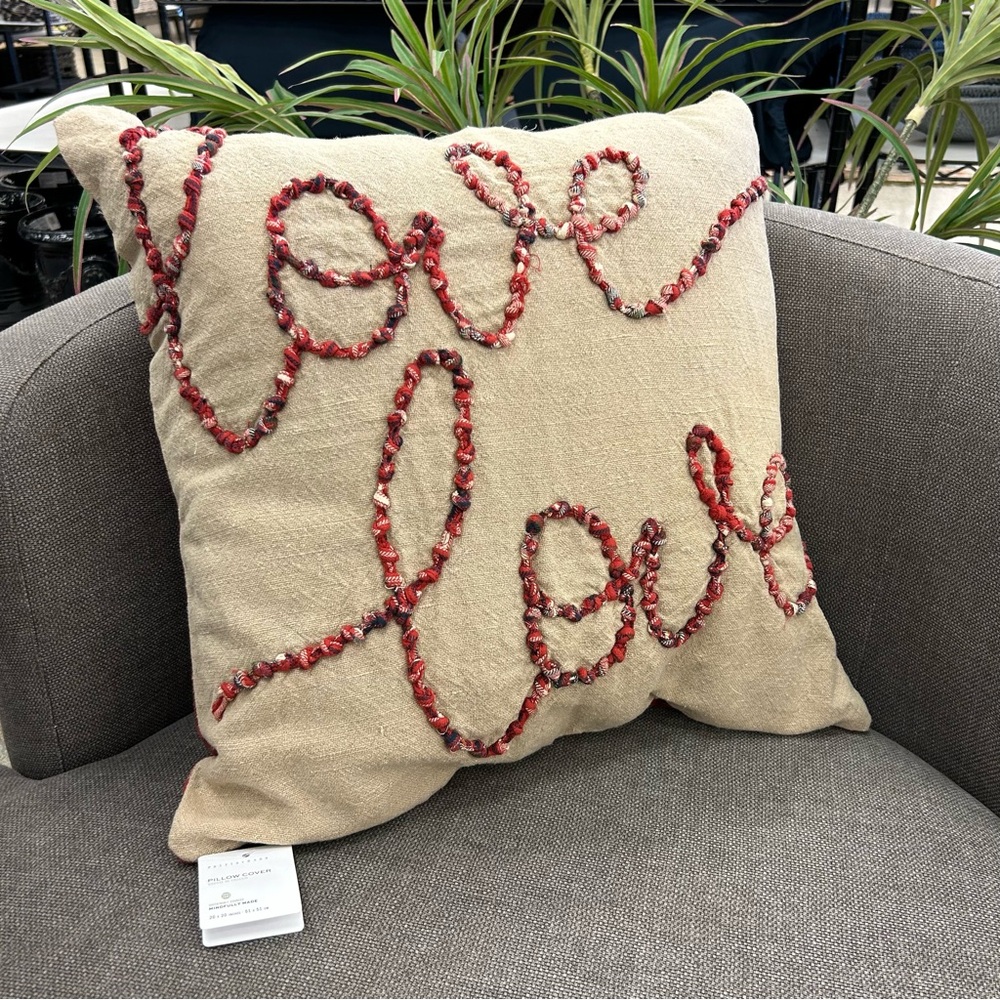 Pottery Barn Love Script Reversible Tan Red Plaid Pillow Cover Cotton Linen NWT